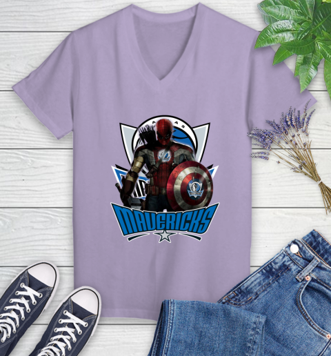 Dallas Mavericks NBA Basketball Captain America Thor Spider Man Hawkeye Avengers Women's V-Neck T-Shirt 14