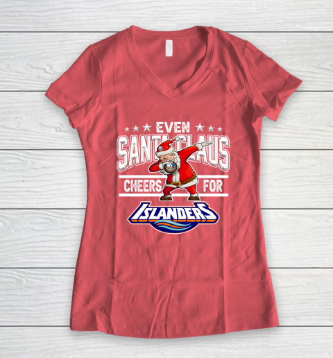New York Islanders Even Santa Claus Cheers For Christmas NHL Women's V-Neck T-Shirt 4