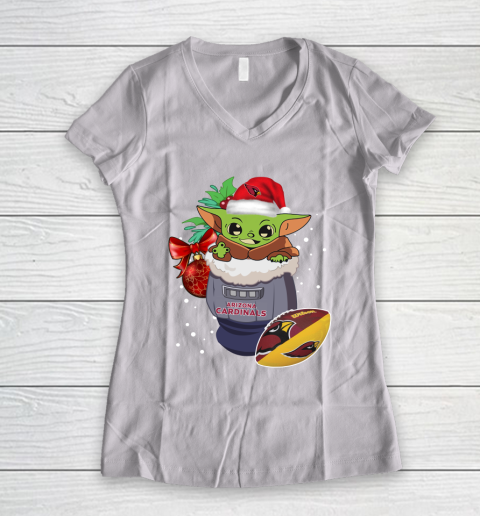 Arizona Cardinals Christmas Baby Yoda Star Wars Funny Happy NFL Women's V-Neck T-Shirt 2