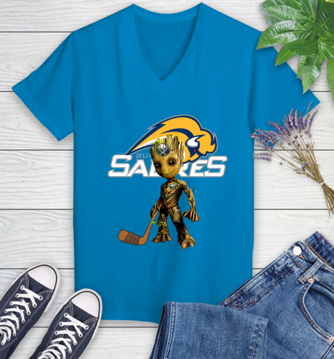 Buffalo Sabres NHL Hockey Groot Marvel Guardians Of The Galaxy Women's V-Neck T-Shirt 7