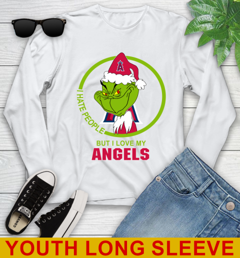 Los Angeles Angels MLB Christmas Grinch I Hate People But I Love My Favorite Baseball Team Youth Long Sleeve