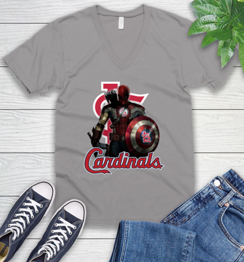 MLB Captain America Thor Spider Man Hawkeye Avengers Endgame Baseball St.Louis Cardinals V-Neck T-Shirt 4