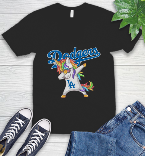 Los Angeles Dodgers MLB Baseball Funny Unicorn Dabbing Sports V-Neck T-Shirt 2