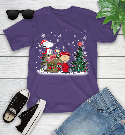 NHL Detroit Red Wings Snoopy Charlie Brown Woodstock Christmas Stanley Cup Hockey Youth T-Shirt 3