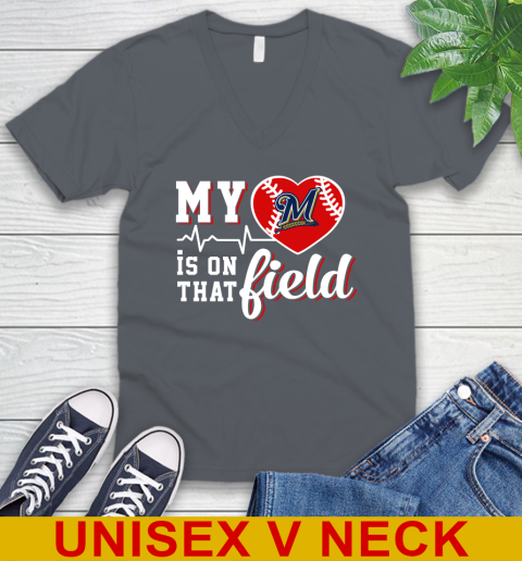 MLB My Heart Is On That Field Baseball Sports Milwaukee Brewers V-Neck T-Shirt 4