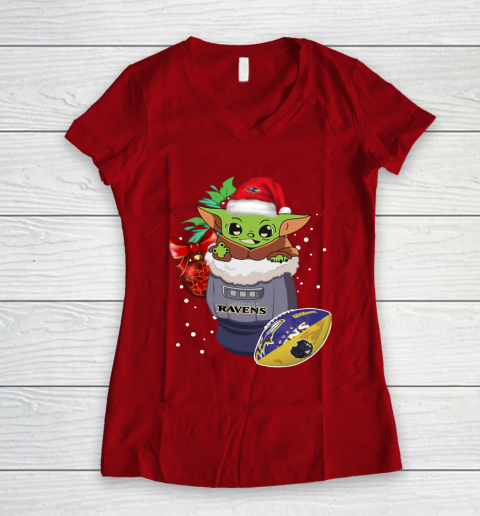 Baltimore Ravens Christmas Baby Yoda Star Wars Funny Happy NFL Women's V-Neck T-Shirt 10