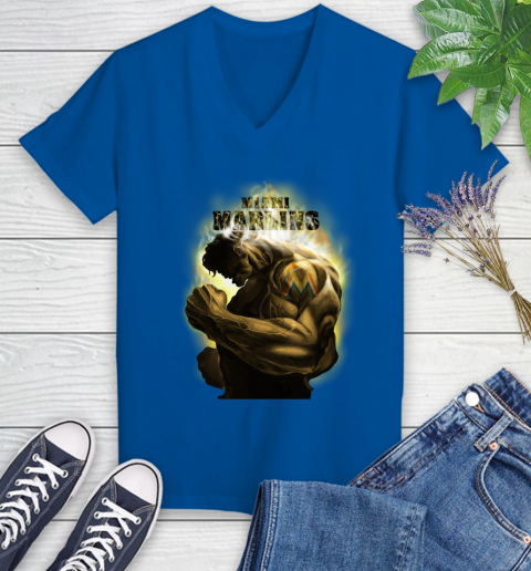 Miami Marlins MLB Baseball Hulk Marvel Avengers Sports Women's V-Neck T-Shirt 10