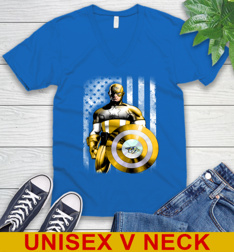 Nashville Predators NHL Hockey Captain America Marvel Avengers American Flag Shirt V-Neck T-Shirt - Image 6