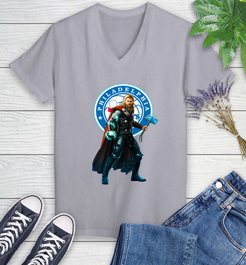 NBA Thor Avengers Endgame Basketball Philadelphia 76ers Women's V-Neck T-Shirt 4