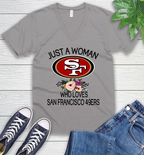 NFL Just A Woman Who Loves San Francisco 49ers Football Sports V-Neck T-Shirt 2