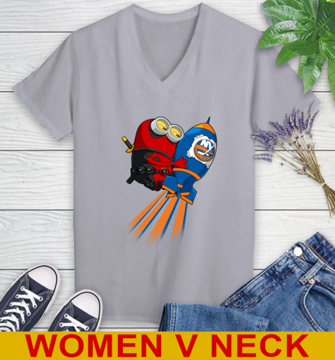 NHL Hockey New York Islanders Deadpool Minion Marvel Shirt Women's V-Neck T-Shirt 4