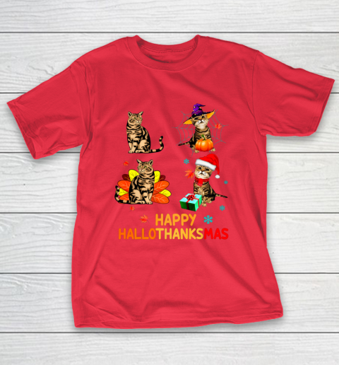 Cat Halloween Thanksgiving Christmas Happy Hallothanksmas T-Shirt 9