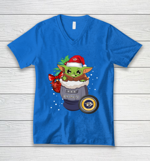 Nashville Predators Christmas Baby Yoda Star Wars Funny Happy NHL V-Neck T-Shirt 6