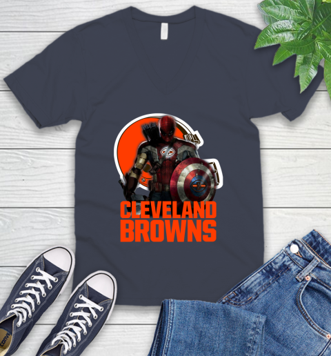 NFL Captain America Thor Spider Man Hawkeye Avengers Endgame Football Cleveland Browns V-Neck T-Shirt 9