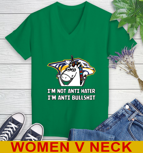 Nashville Predators NHL Hockey Unicorn I'm Not Anti Hater I'm Anti Bullshit Women's V-Neck T-Shirt 6