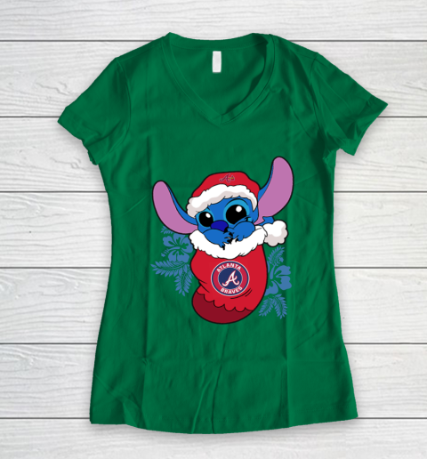 Atlanta Braves Christmas Stitch In The Sock Funny Disney MLB Women's V-Neck T-Shirt 5