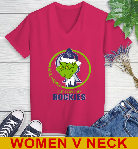 Colorado Rockies MLB Christmas Grinch I Hate People But I Love My Favorite Baseball Team Women's V-Neck T-Shirt 10