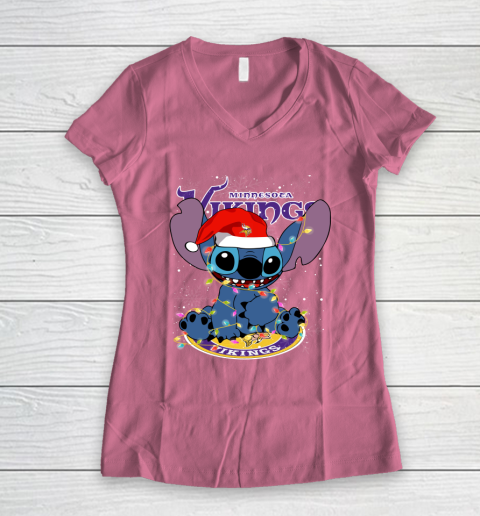 Minnesota Vikings NFL Football noel stitch Christmas Women's V-Neck T-Shirt 7