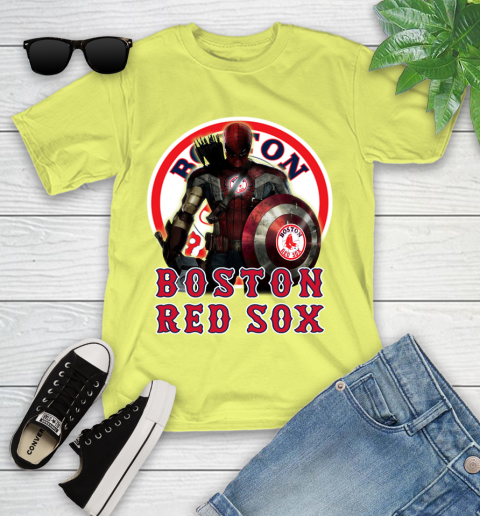 MLB Captain America Thor Spider Man Hawkeye Avengers Endgame Baseball Boston Red Sox Youth T-Shirt 8
