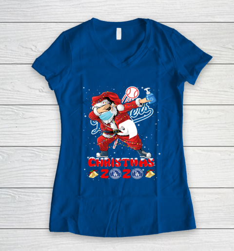 Los Angeles Dodgers Funny Santa Claus Dabbing Christmas 2020 MLB Women's V-Neck T-Shirt 7