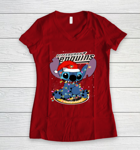Pittsburgh Penguins NHL Hockey noel stitch Christmas Women's V-Neck T-Shirt 6