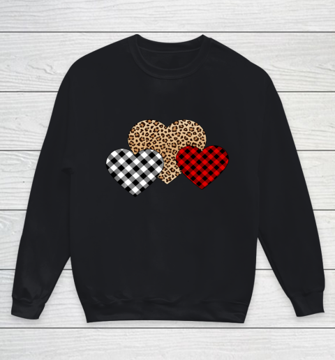Valentine Three Hearts Leopard Buffalo Plaid Valentine s day Youth Sweatshirt