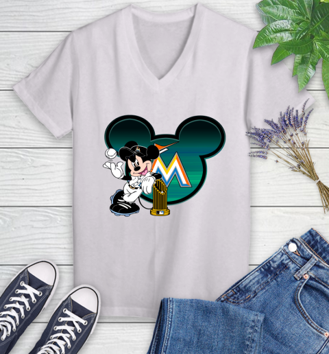 MLB Miami Marlins The Commissioner's Trophy Mickey Mouse Disney Women's V-Neck T-Shirt