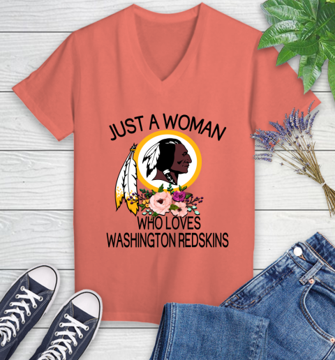 NFL Just A Woman Who Loves Washington Redskins Football Sports Women's V-Neck T-Shirt 3