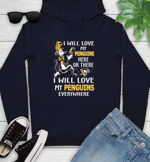 NHL Hockey Pittsburgh Penguins I Will Love My Penguins Everywhere Dr Seuss Shirt Youth Hoodie 3