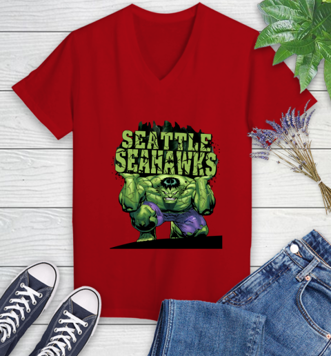 Seattle Seahawks NFL Football Incredible Hulk Marvel Avengers Sports Women's V-Neck T-Shirt 12