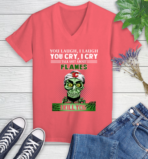 NHL Talk Shit About Calgary Flames I Kill You Achmed The Dead Terrorist Jeffrey Dunham Hockey Women's V-Neck T-Shirt 6