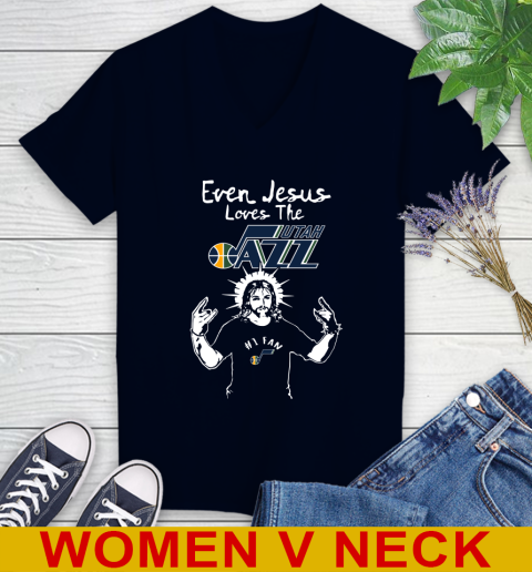 Utah Jazz NBA Basketball Even Jesus Loves The Jazz Shirt Women's V-Neck T-Shirt 2