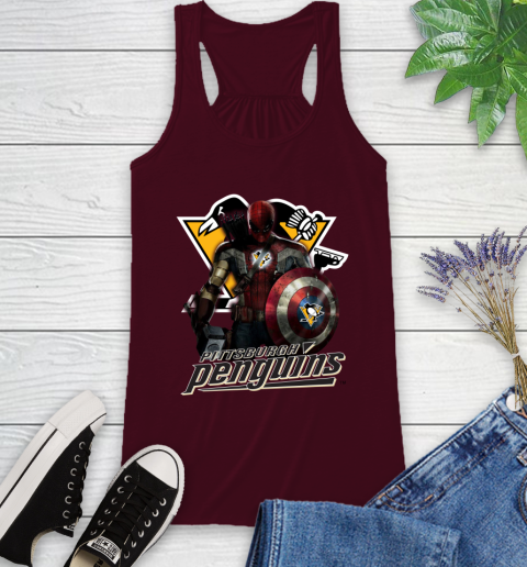 NHL Captain America Thor Spider Man Hawkeye Avengers Endgame Hockey Pittsburgh Penguins Racerback Tank 3