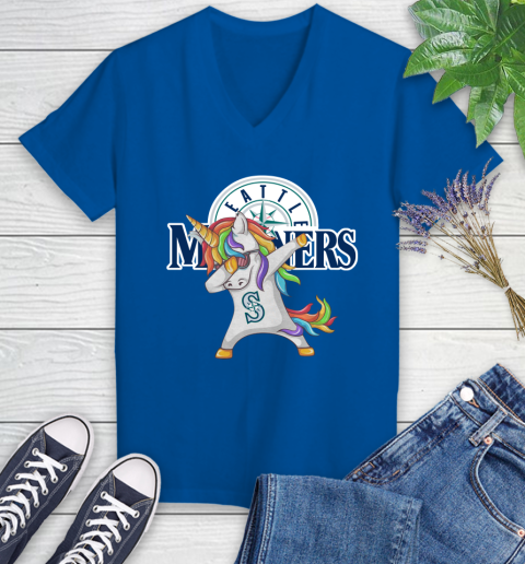 Seattle Mariners MLB Baseball Funny Unicorn Dabbing Sports Women's V-Neck T-Shirt 10