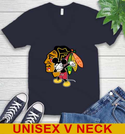 Chicago Blackhawks NHL Hockey Dabbing Mickey Disney Sports V-Neck T-Shirt 3
