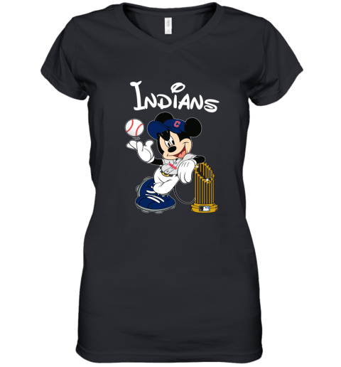 Cleveland Indians Mickey Taking The Trophy MLB 2018 Women's V-Neck T-Shirt