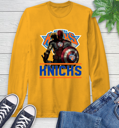 New York Knicks NBA Basketball Captain America Thor Spider Man Hawkeye Avengers Long Sleeve T-Shirt 3