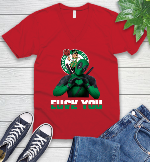 NBA Boston Celtics Deadpool Love You Fuck You Basketball Sports V-Neck T-Shirt 6