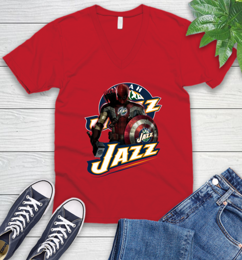 Utah Jazz NBA Basketball Captain America Thor Spider Man Hawkeye Avengers V-Neck T-Shirt 7