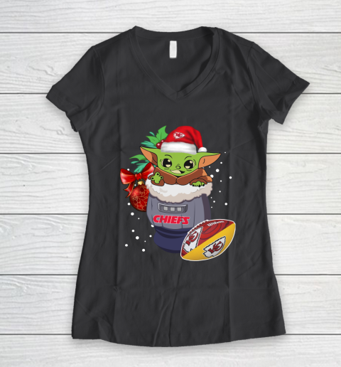 Kansas City Chiefs Christmas Baby Yoda Star Wars Funny Happy NFL Women's V-Neck T-Shirt 8