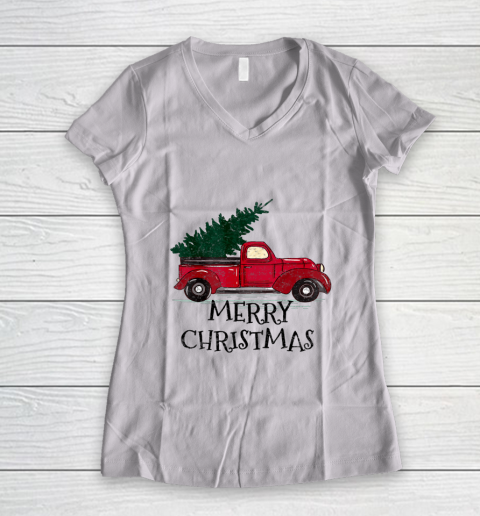Vintage Red Truck With Merry Christmas Tree Women's V-Neck T-Shirt