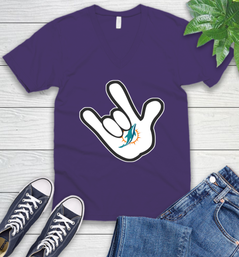 Miami Dolphins NFL Football Mickey Rock Hand Disney V-Neck T-Shirt 10