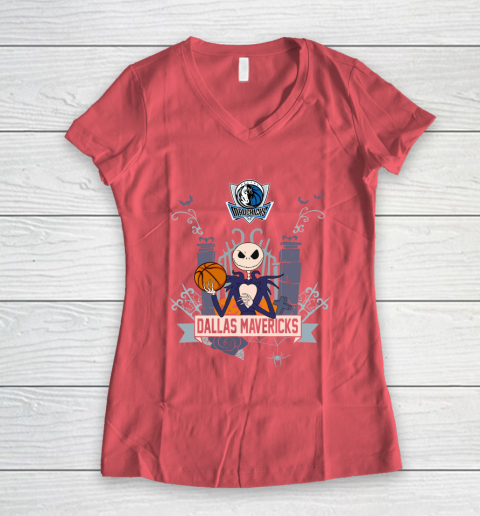NBA Dallas Mavericks Basketball Jack Skellington Halloween Women's V-Neck T-Shirt 4