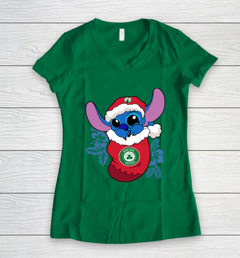 Boston Celtics Christmas Stitch In The Sock Funny Disney NBA Women's V-Neck T-Shirt 5