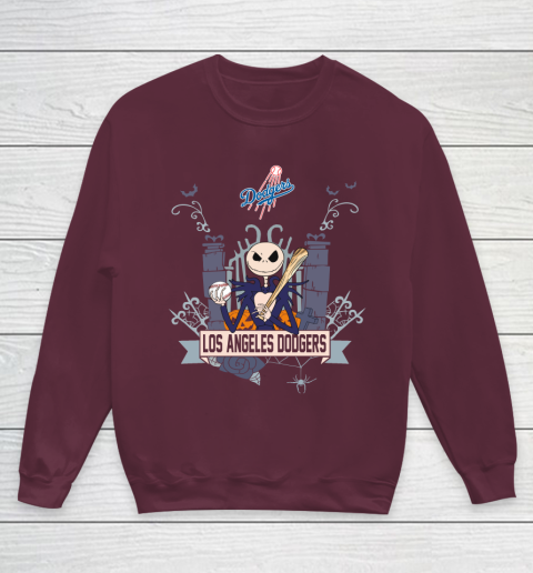 MLB Los Angeles Dodgers Baseball Jack Skellington Halloween Youth Sweatshirt 4