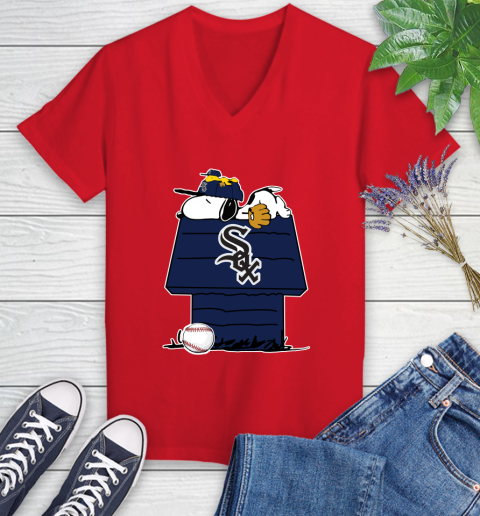 MLB Chicago White Sox Snoopy Woodstock The Peanuts Movie Baseball T Shirt Women's V-Neck T-Shirt 12