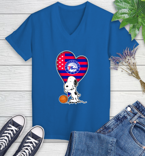 Philadelphia 76ers NBA Basketball The Peanuts Movie Adorable Snoopy Women's V-Neck T-Shirt 10