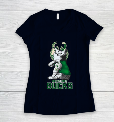 NBA Basketball My Cat Loves Milwaukee Bucks Women's V-Neck T-Shirt 2