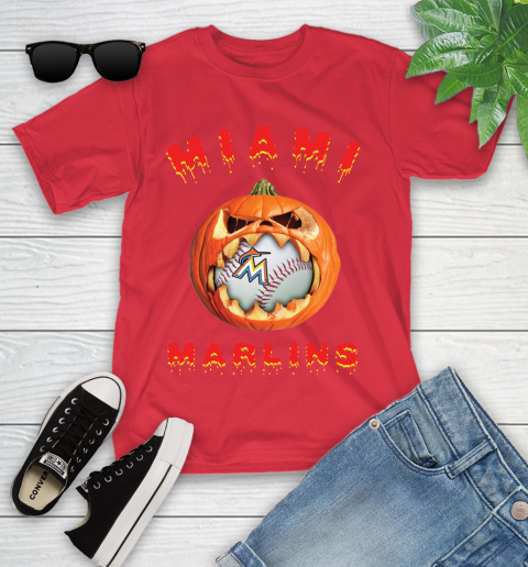 MLB Miami Marlins Halloween Pumpkin Baseball Sports Youth T-Shirt 10