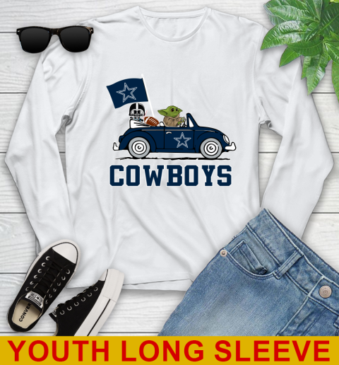 NFL Football Dallas Cowboys Darth Vader Baby Yoda Driving Star Wars Shirt Youth Long Sleeve